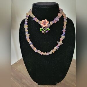 Multi Colored Quartz Chip Necklace & Enamel Flower Brooch